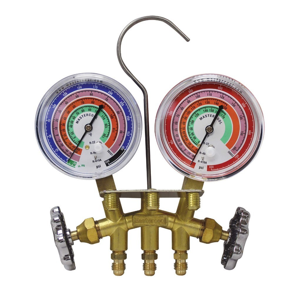 2-Wege-Manometersatz aus Messing – Kompatibel mit den Kältemitteln R410A, R22, R404A, 3-1/8"-Manometern, 3x60"-Schläuchen und Standard-1/4"-Anschlüssen 