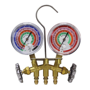 2-Wege-Manometersatz aus Messing – Kompatibel mit den Kältemitteln R410A, R22, R404A, 3-1/8"-Manometern, 3x60"-Schläuchen und Standard-1/4"-Anschlüssen 