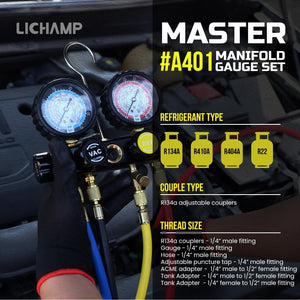 HVAC AC-Manometersatz – Kompatibel mit den Kältemitteln R134A, R410A, R404A, R22, inklusive Manometer und Schläuche 