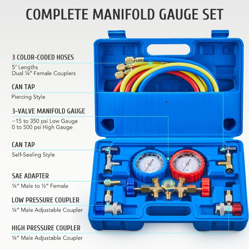 AC-Manometer-Set – Kompatibel mit den Kältemitteln R134A, R12, R502, 3-Wege-Autosystem mit 5-Fuß-Schläuchen, Kupplungen, Adapter und Dosenhahn zum Befüllen des Kältemittels 