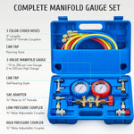 AC-Manometer-Set – Kompatibel mit den Kältemitteln R134A, R12, R502, 3-Wege-Autosystem mit 5-Fuß-Schläuchen, Kupplungen, Adapter und Dosenhahn zum Befüllen des Kältemittels 