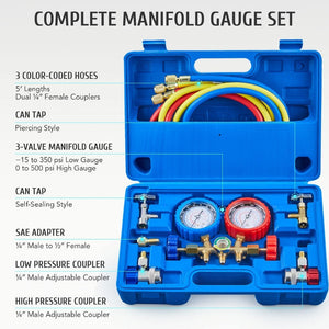 AC-Manometer-Set – Kompatibel mit den Kältemitteln R134A, R12, R502, 3-Wege-Autosystem mit 5-Fuß-Schläuchen, Kupplungen, Adapter und Dosenhahn zum Befüllen des Kältemittels 