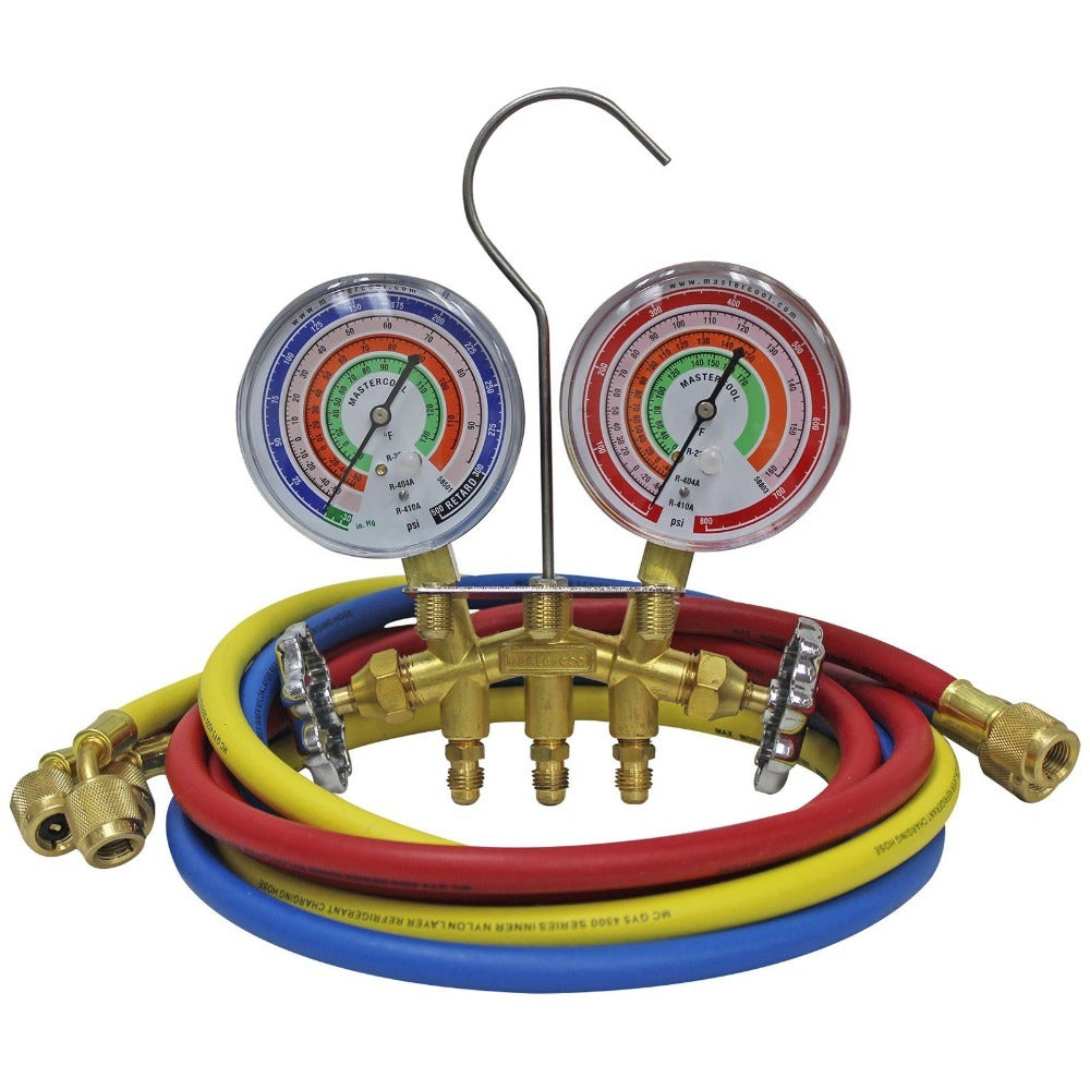 2-Wege-Manometersatz aus Messing – Kompatibel mit den Kältemitteln R410A, R22, R404A, 3-1/8"-Manometern, 3x60"-Schläuchen und Standard-1/4"-Anschlüssen 