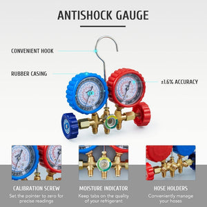 AC-Manometer-Set – Kompatibel mit den Kältemitteln R134A, R12, R502, 3-Wege-Autosystem mit 5-Fuß-Schläuchen, Kupplungen, Adapter und Dosenhahn zum Befüllen des Kältemittels 