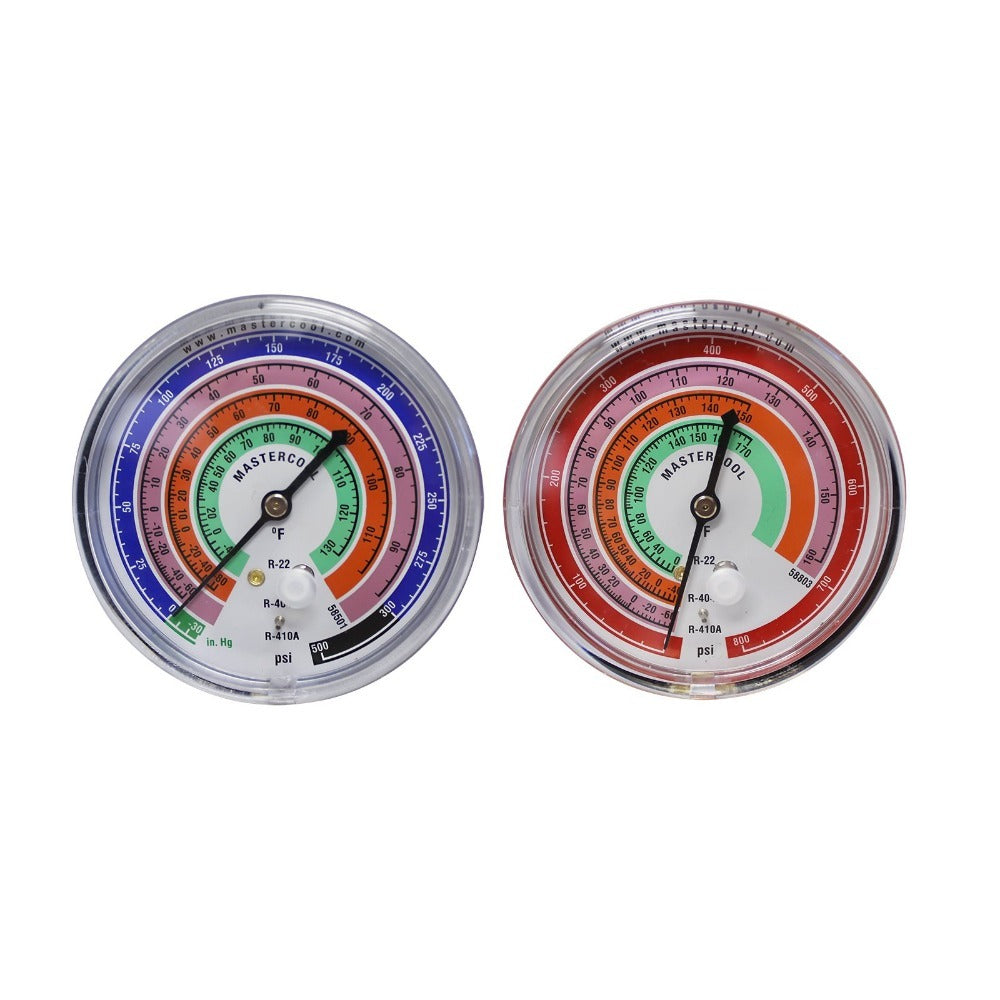 2-Wege-Manometersatz aus Messing – Kompatibel mit den Kältemitteln R410A, R22, R404A, 3-1/8"-Manometern, 3x60"-Schläuchen und Standard-1/4"-Anschlüssen 