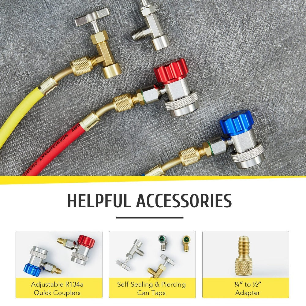 AC-Manometer-Set – Kompatibel mit den Kältemitteln R134A, R12, R502, 3-Wege-Autosystem mit 5-Fuß-Schläuchen, Kupplungen, Adapter und Dosenhahn zum Befüllen des Kältemittels 