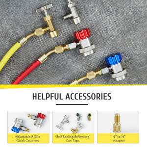 AC-Manometer-Set – Kompatibel mit den Kältemitteln R134A, R12, R502, 3-Wege-Autosystem mit 5-Fuß-Schläuchen, Kupplungen, Adapter und Dosenhahn zum Befüllen des Kältemittels 